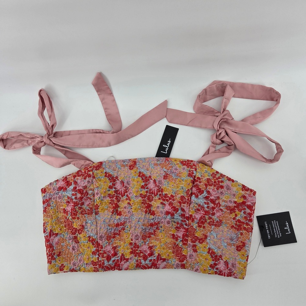 Lulus Floral Jacquard Crop‎ Top L Pink Multi Tie Shoulder Metallic Boho Eclectic